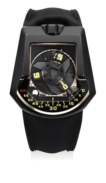Urwerk, ‘A rare and unusual AlTiN-coated titanium wristwatch with revolving satellite complication with telescopic minute hands, twin turbine winding system, moon phase and day/night indication, with presentation box’, Circa 2008