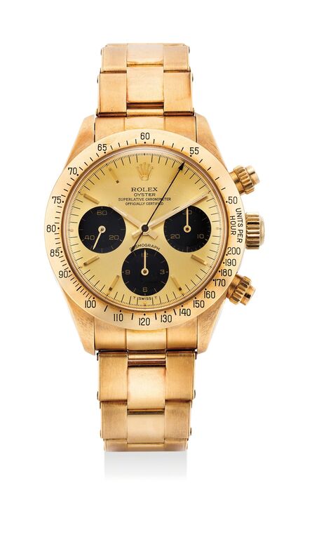 Rolex, ‘An extremely fine and rare yellow gold chronograph wristwatch with bracelet and hang tag’, Circa 1979