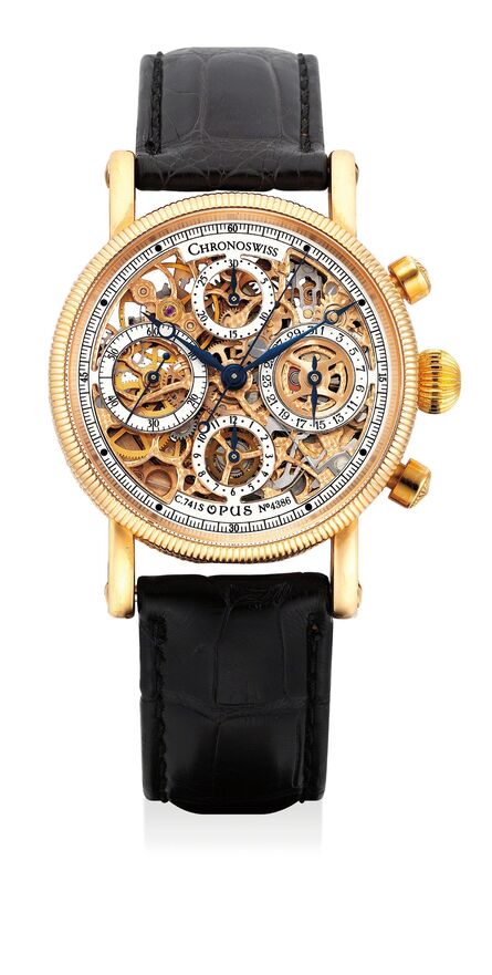 Chronoswiss, ‘A fine, attractive and unusual pink gold skeletonized chronograph wristwatch with date and hack feature’, Circa 2000