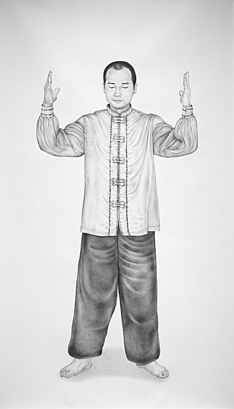 Henna Pohjola, ‘ Fǎ lún zhuāng fǎ, Falun Standing Stance, Portrait of Shi James’, 2017, Drawing, Collage or other Work on Paper, Pencil on paper, Galleria Heino