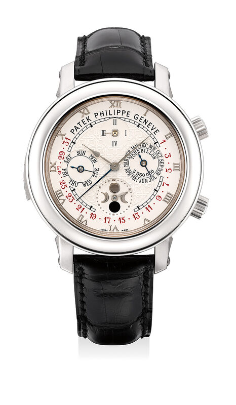 Patek Philippe, ‘A highly important, impressive and extremely rare white gold double dialed wristwatch with twelve complications including cathedral minute repetition, tourbillon, perpetual calendar with retrograde date hand, leap year cycle, moon age, angular motion, sidereal time, moonphases and orbit, and sky chart orbit display with certificate of origin, presentation box, setting pin and hang tag’, 2007, Fashion Design and Wearable Art, 18K white gold, Phillips