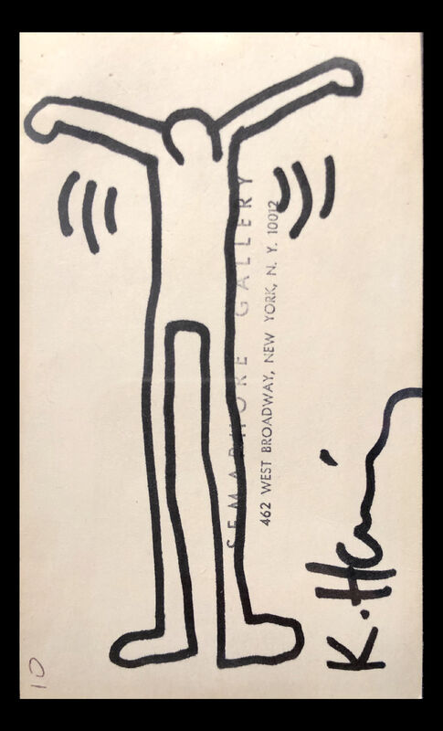 Keith Haring, ‘Untitled (Ink Drawing on Semaphore Gallery Card)’, 1984, Drawing, Collage or other Work on Paper, Black in drawing over ink stamp on index card stock, Rosenfeld Gallery LLC
