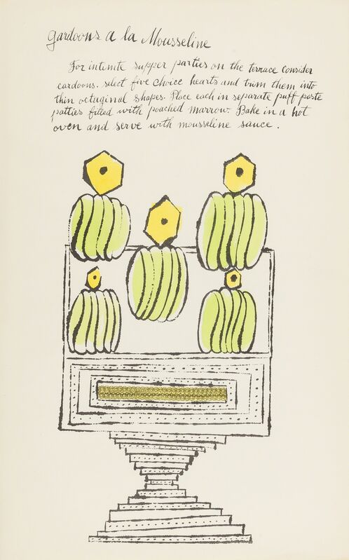Andy Warhol, ‘Gardoons à la Mousseline (from Wild Raspberries) (see Feldman & Schellmann IV.140.A)’, 1959, Print, Offset lithograph extensively heightened with watercolour and collaged gold element, Forum Auctions