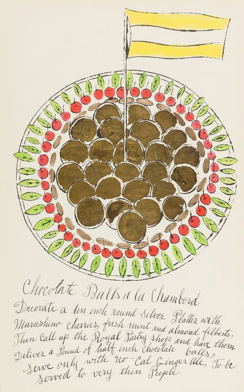 Andy Warhol, ‘Chocolate Balls à la Chambord (from Wild Raspberries) (see Feldman & Schellmann IV.128.A)’, 1959, Print, Offset lithograph extensively heightened with watercolour and gold ink, Forum Auctions