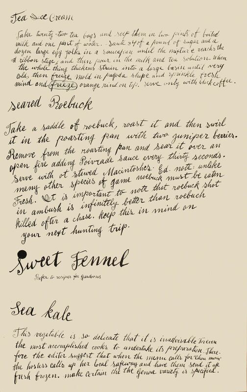Andy Warhol, ‘Tea Ice Cream, Seared Roebuck, Sweet Fennel, Sea Kale’, 1959, Print, Offset lithograph, Woodward Gallery