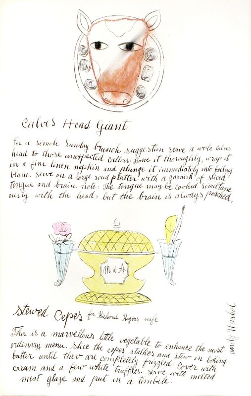 Andy Warhol, ‘Calves Head Giant and Stewed Crepes, Wild Raspberries’, 1959, Drawing, Collage or other Work on Paper, Unique Watercolor and offset lithograph on paper, Woodward Gallery