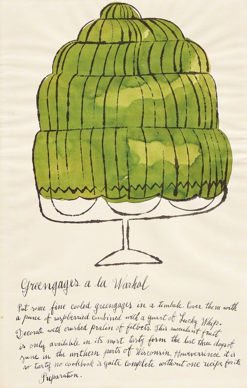 Andy Warhol, ‘Greengages a la Warhol, from Wild Raspberries’, 1959, Print, Offset lithograph with hand-colouring in watercolour, on laid paper, the full sheet, Phillips