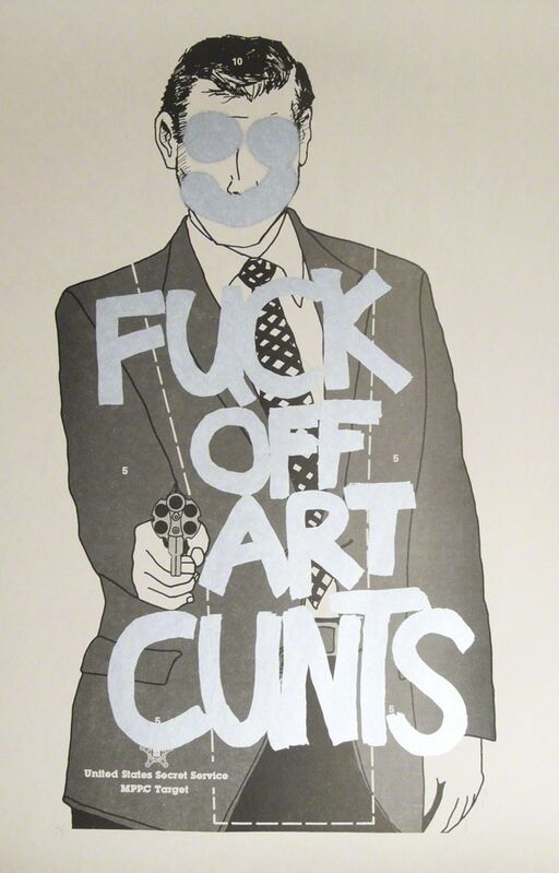 Simon Thompson, ‘Fuck Off Art Cunts (Silver)’, 2012, Mixed Media, Color Screenprint on original target Practice newsprint, Robert Fontaine Gallery