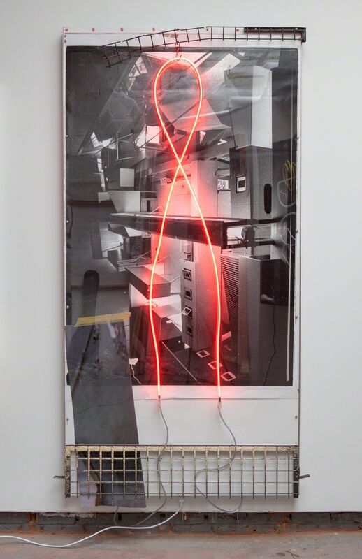 Joris Van de Moortel, ‘Office Framing, ten years after’, 2017, Sculpture, Neon, wood, Plexiglass, aluminium, steel, black and white photos, Duratrans print, tape, Galerie Krinzinger