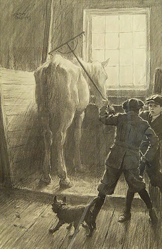 Worth Brehm, ‘Penrod and Sam with Rake and Horse in the Barn’, 1910-1918, Drawing, Collage or other Work on Paper, Charcoal on Board, The Illustrated Gallery