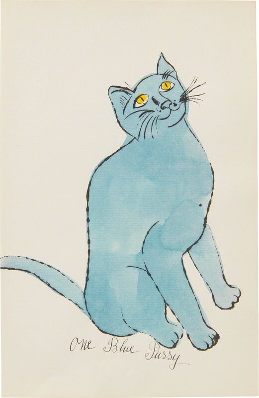 Andy Warhol, ‘One Blue Pussy’, ca. 1954, Drawing, Collage or other Work on Paper, Offset lithograph and watercolor on paper, Phillips