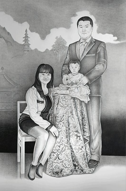 Henna Pohjola, ‘Dì èr jiā yuán, Second Homeland - Portrait of Wang Jie, Gao Lei and Gao Xinhui Kristiina’, 2017, Drawing, Collage or other Work on Paper, Pencil on paper, Galleria Heino