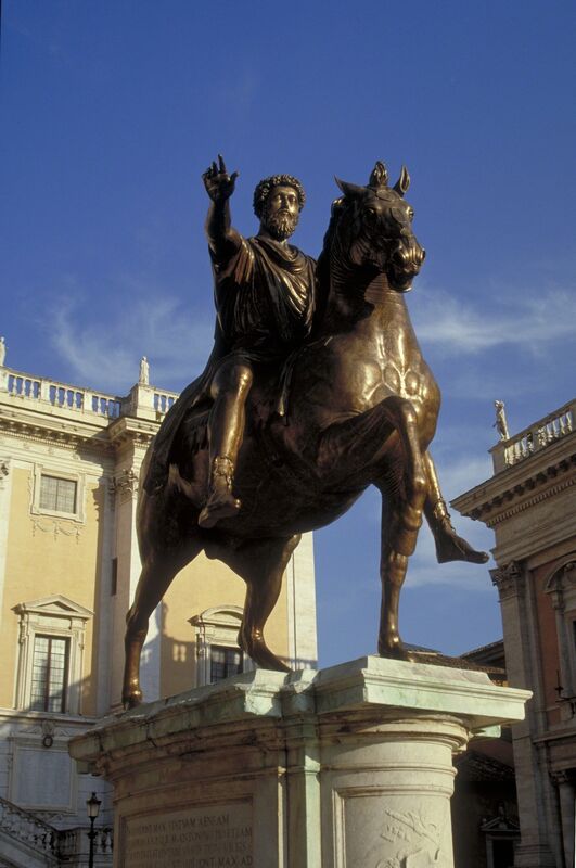‘Equestrian statue of the Emperor Marcus Aurelius [modern replica in the Piazza del Campidoglio, Rome]’, original ca. 163-173, Sculpture, Roman Empire, bronze, Erich Lessing Culture and Fine Arts Archive