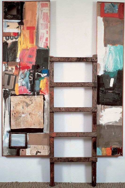 Robert Rauschenberg, ‘Winter Pool’, 1959, Combine: oil, paper, fabric, wood, metal, sandpaper, tape, printed paper, printed reproductions, handheld bellows, and found painting on two canvases with ladder, Robert Rauschenberg Foundation
