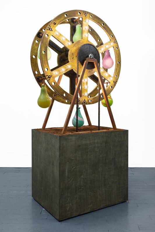 Derek Fordjour, ‘Burden Cycle VII (Green Gold)’, 2019, Sculpture, Wood, dirt, hand blown glass, steel, iron, lightbulbs, and electrical motor, Josh Lilley