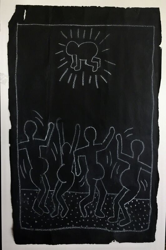 Keith Haring, ‘DANCING PREGNANT WOMEN’, 1982-83, Drawing, Collage or other Work on Paper, Chalk on MTA black paper, Equal Means Equal Benefit Auction