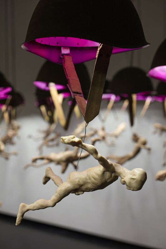 Oleg Kulik, ‘Parachutists’, 2019, Installation, Metal helmets, polymer clay, metal wires, electric wires, led lights, Giampaolo Abbondio