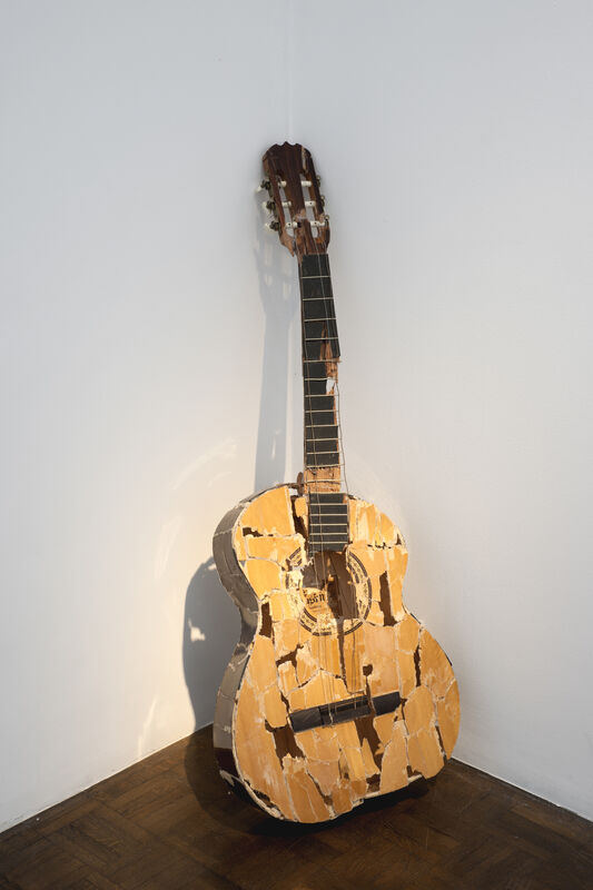 Sofia Hultén, ‘Fuck it up (with guitar)’, 2001, Sculpture, Smashed and repaired guitar, video, Meessen De Clercq