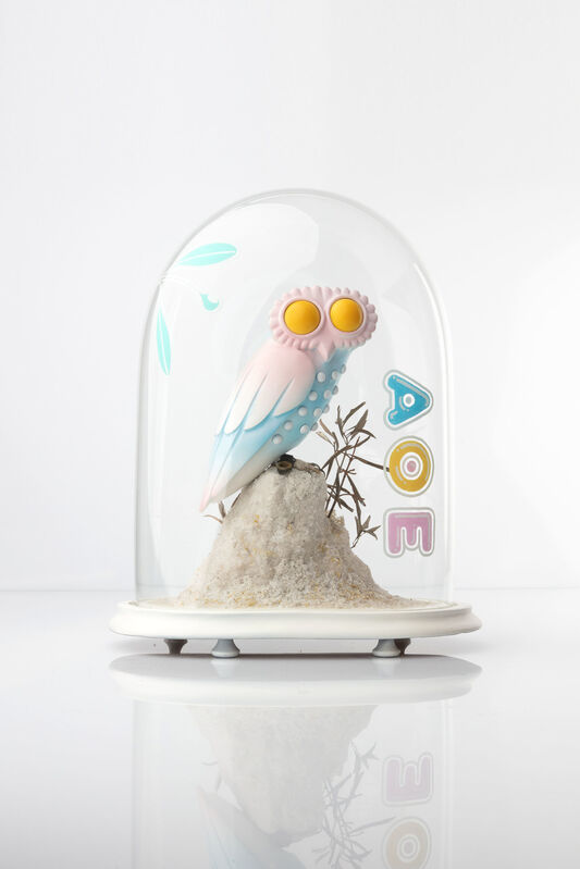 Charles Degeyter, ‘ΑΘΕ’, 2019, Sculpture, Bell jar, taxidermy little owl, polymer clay, airbrush, foam, salt, olive branches, acrylic marker, Tatjana Pieters