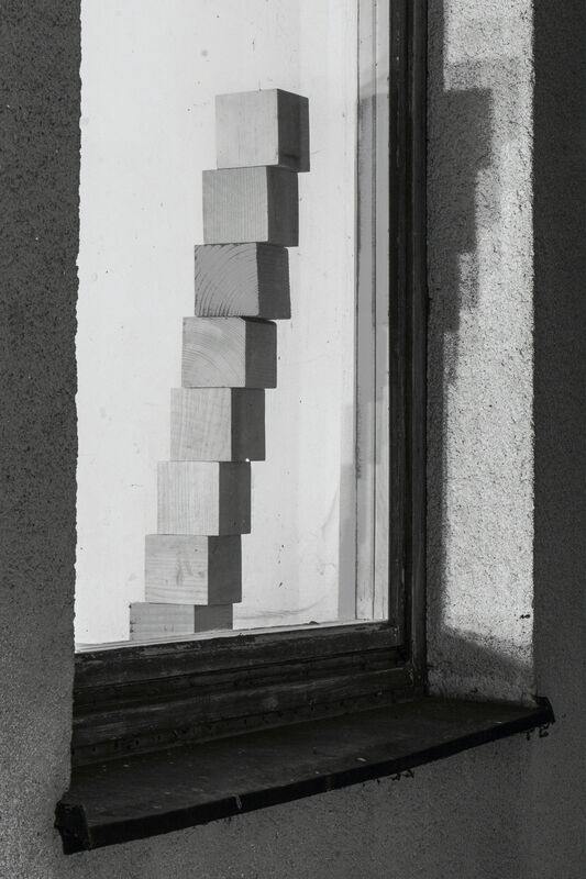 Peter Puklus, ‘Eight wooden blocks arranged to form a stairway behind a window’, 2014, Photography, Analogue print on baryta-paper; processed with ReAnalog negative, Raster