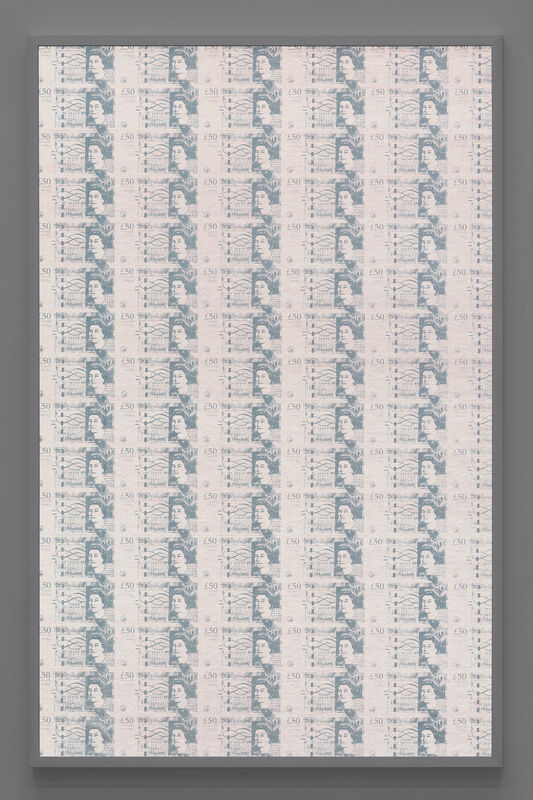 Hank Willis Thomas, ‘102 Fifty Pound Sterling (White)’, 2019, Mixed Media, Screenprint on retroreflective vinyl, mounted on Dibond, Ben Brown Fine Arts