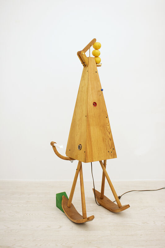 Colby Bird, ‘Everyone Is Always Late’, 2017-2020, Sculpture, Wood, hinges, candle, wood stain, linseed oil, brass, fruit, plumbers chain, persecution complex, mineral spirits, brass pin, vintage hair dryer, music box, iron weight, paint, steel wire, dimmer., Halsey McKay Gallery