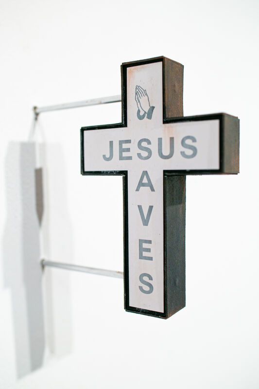 Drew Leshko, ‘Jesus Saves (black)’, 2019, Drawing, Collage or other Work on Paper, Paper, enamel, pastel, inkjet prints, chain, tubing, Paradigm Gallery + Studio