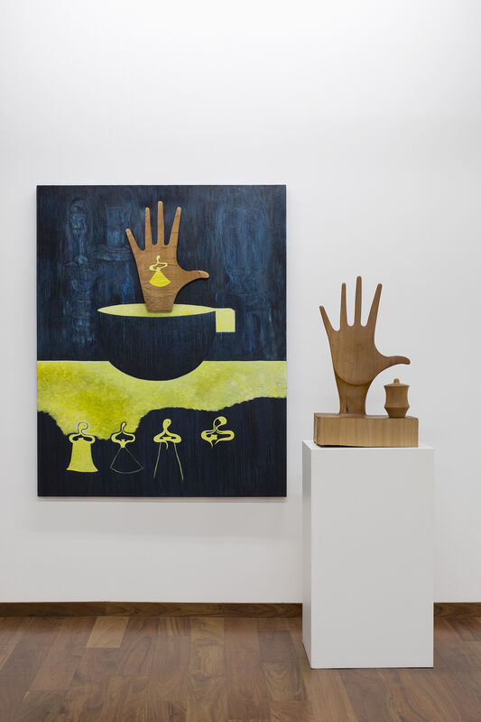 Edgar Orlaineta, ‘Untitled’, 2019, Painting, Oil on canvas and cedar wood, 2 cedar wood sculptures, PROYECTOS MONCLOVA