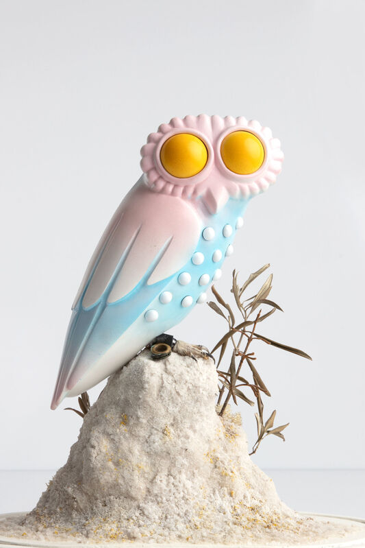 Charles Degeyter, ‘ΑΘΕ’, 2019, Sculpture, Bell jar, taxidermy little owl, polymer clay, airbrush, foam, salt, olive branches, acrylic marker, Tatjana Pieters