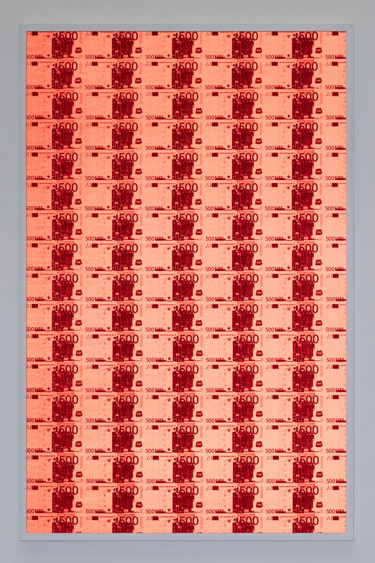 Hank Willis Thomas, ‘102 Five Hundred Euro Bills (Red)’, 2019, Mixed Media, Screenprint on retroreflective vinyl, mounted on Dibond, Ben Brown Fine Arts