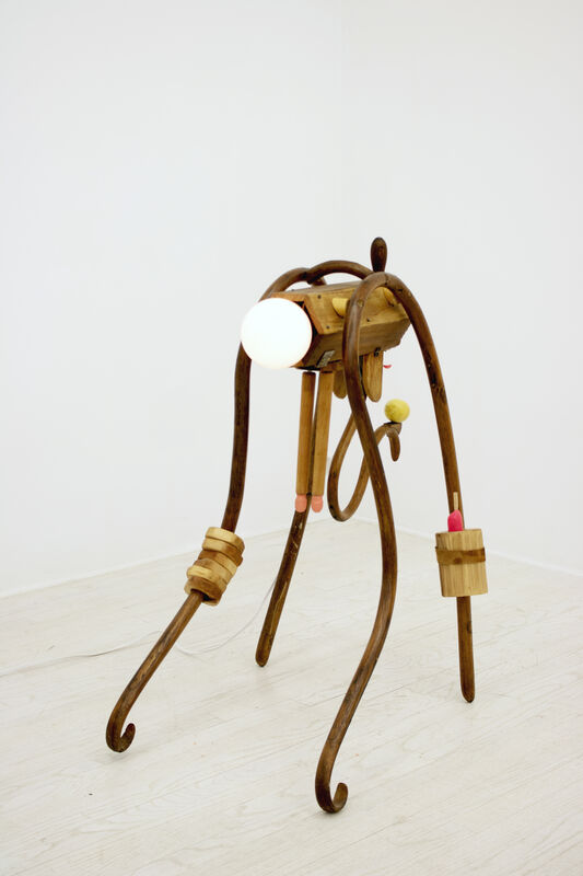 Colby Bird, ‘Coxsackie Dynamics’, 2020, Sculpture, Wood, light bulb, drywall screws, mineral spirits, wood stain, linseed oil, paint, leather, wiring, brass screws, brass pin, electric mixer, alabaster, wood filler, steel wire, plaster, caning., Halsey McKay Gallery
