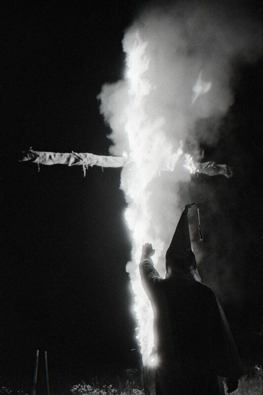 Constantine Manos, ‘Ku Klux Klan (klansmen and burning cross), Columbia, South Carolina’, 1952, Photography, Archival digital pigment print, Robert Klein Gallery