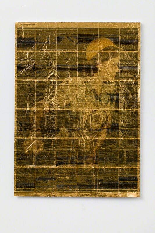 Servane Mary, ‘Untitled (Blue Shirt On Gold)’, 2014, Print, Inkjet print on mylar rescue blanket, APALAZZOGALLERY