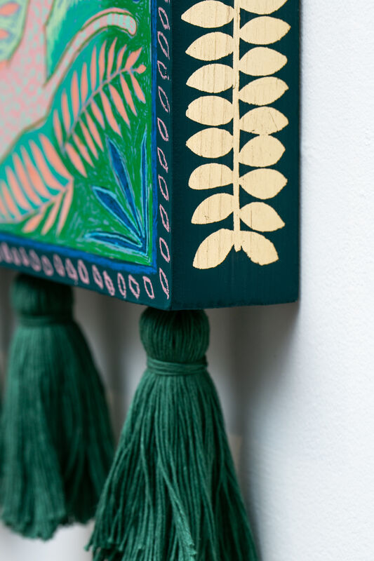 Crystal Latimer, ‘Midnight Throne in Palms’, 2020, Painting, Acrylic, pastel, gold leaf, cotton fiber tassel on panel, Paradigm Gallery + Studio