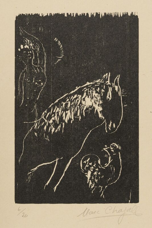 Marc Chagall, ‘Le Juif priant; Juif a la Thora, La Maison, L'Homme au sac; Chevre et violin; L'Ecuyere et le Coq (Kornfeld 31 III b, 35c, 32 IV, 33 II b, 34 II b and 84 III b)’, Print, Six wood engravings, on japan paper, Forum Auctions