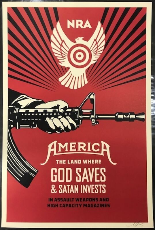 Shepard Fairey, ‘God Saves & Satan Invests NRA Edition’, 2013, Print, Speckletone paper, New Union Gallery