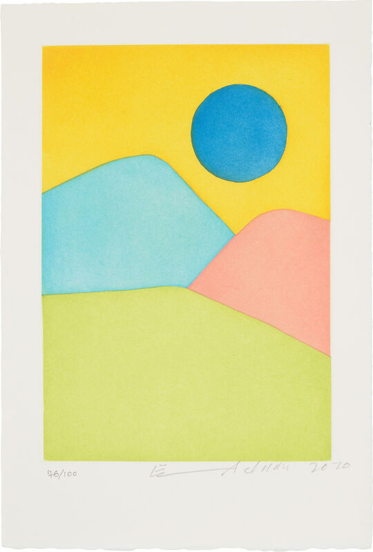 Etel Adnan, ‘L'Apocalypse Arabe (The Arab Apocalypse)’, 2020, Print, Etching in colours, on wove paper, with full margins, with accompanying 88-page book, the sheet loose (as issued) both contained in the original purple linen-covered portfolio., Phillips