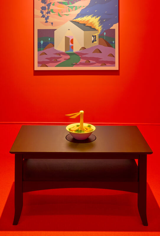 Greg Ito, ‘Ancestry’, 2021, Sculpture, Faux ramen, ceramic, enamel, acylirc paint, wood table, rotating disply, hashi (chopsticks), Anat Ebgi