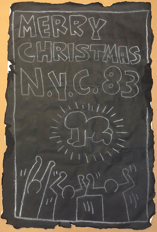 Keith Haring, ‘Subway Drawing "Merry Xmas 1983"’, 1983, Drawing, Collage or other Work on Paper, Chalk on black Paper, Dope! Gallery