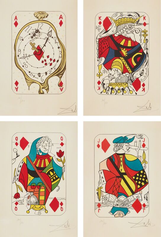 Salvador Dalí, ‘Playing Cards: Ace of Diamonds; King of Diamonds; Queen of Diamonds; and Jack of Diamonds, from Playing-Cards’, 1972, Print, Four lithographs in colors, on Arches paper, with full margins., Phillips