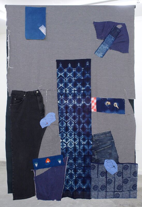 Amanda Curreri, ‘Homo-Hime’, 2018, Painting, Hand-dyed and hand-printed fabrics with indigo, madder, soot/soya, acrylic on various fabrics such as used table cloths, vintage Japanese ikat kimono fabric, cotton kimono fabric; vintage Japanese silk, Japanese denim (new), deconstructed denim jeans, dog toy eyes, digital print on fabric, and thread, Romer Young Gallery