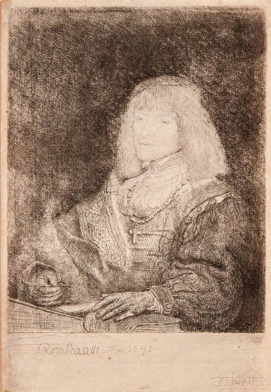 Rembrandt van Rijn, ‘Man at a Desk Wearing a Cross and Chain’, Drawing, Collage or other Work on Paper, Etching on laid paper, Skinner