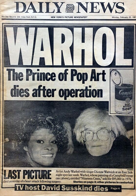 Andy Warhol, ‘"Andy Warhol, 1928-1987: Pop Art's King Dies"’, 1987, Ephemera or Merchandise, Newspaper, Lot 180 Gallery