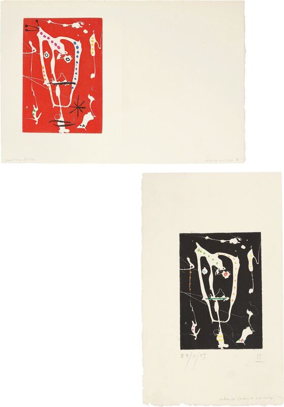 Joan Miró, ‘Les brisants (The Breakers): two impressions’, 1958, Print, Two aquatints (one black with hand-coloring and the other in colors, mostly red), on Arches paper (one folded), with full margins, Phillips