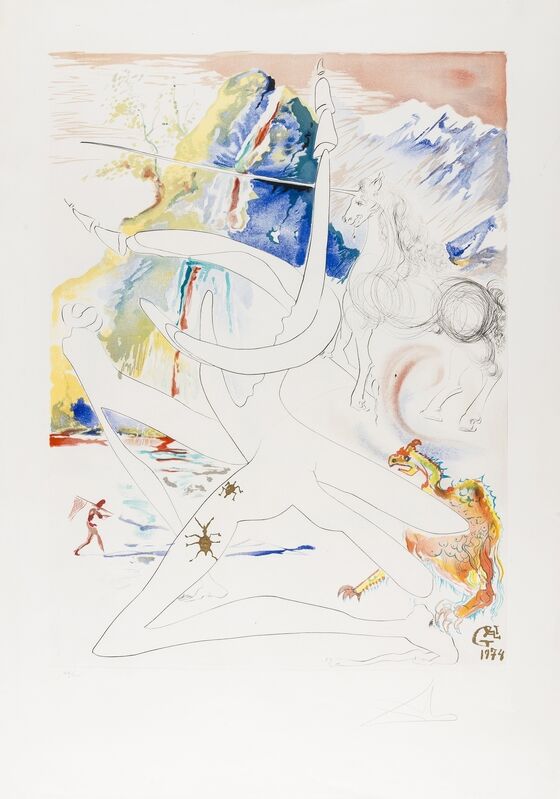 Salvador Dalí, ‘L'Unicorne laser désintègre les cornes de rhinocéros cosmiques, (M&L 646a; Field 74-12-H)’, 1974, Print, Etching and lithograph printed in colours with embossing, Forum Auctions