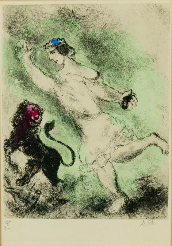 Marc Chagall, ‘David and the Lion, plate 62 from the series The Bible’, Print, Etching with hand-coloring on paper, Skinner