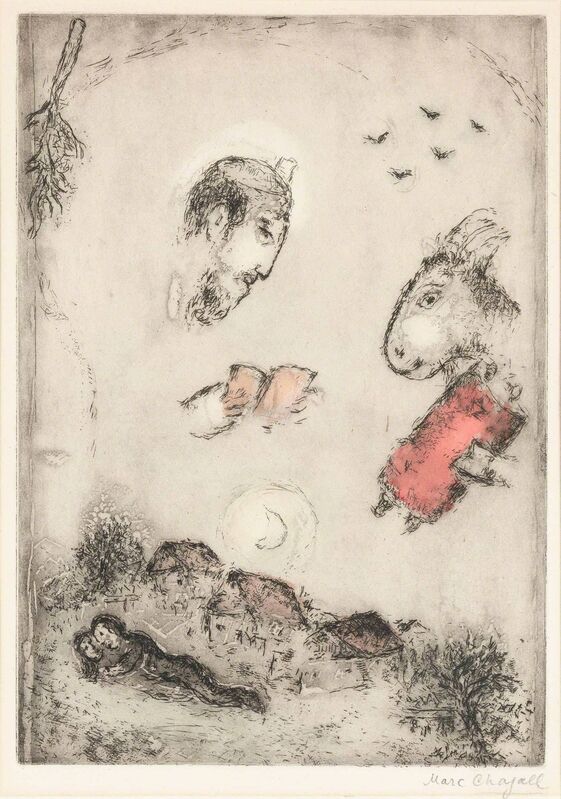 Marc Chagall, ‘DER ESEL ÜBER DEM DORF (KORNFELD 100)’, 1951-52, Print, Hand-colored etching and aquatint on wove paper, Doyle