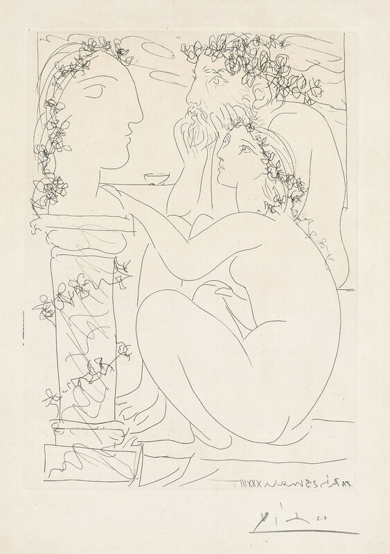 Pablo Picasso, ‘Sculpteur avec son modèle et sa sculpture (Sculptor with his Model and Sculpture), plate 45 from La Suite Vollard’, 1933, Print, Etching, on Montval paper watermarked Picasso, with full margins., Phillips