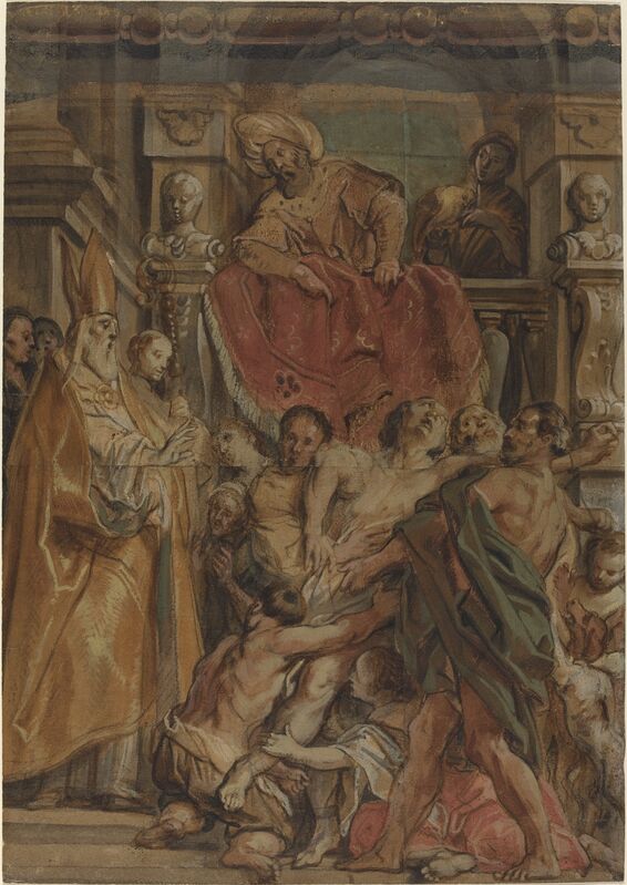 Jacob Jordaens, ‘Saint Martin of Tours Healing the Servant of Tetrodius’, ca. 1630, Drawing, Collage or other Work on Paper, Watercolor and gouache over black chalk on four joined sheets of laid paper, National Gallery of Art, Washington, D.C.