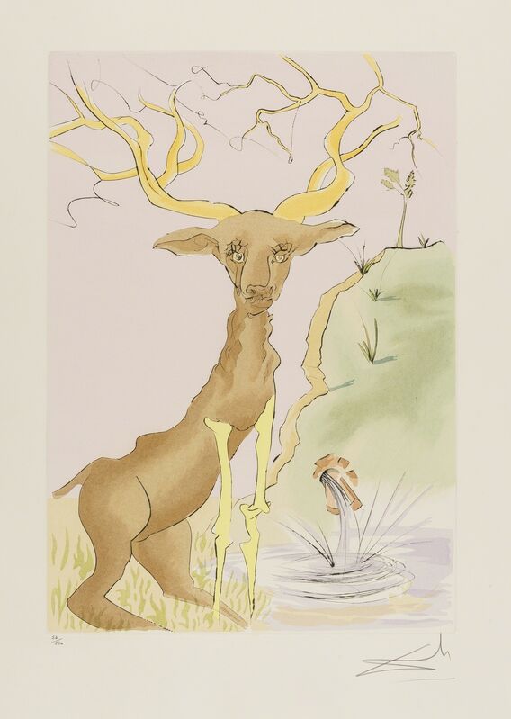 Salvador Dalí, ‘The Stag Reflected in the Water (from La Fontaine's Bestiary Dalinized) (M & L 659; Field 74-1-G)’, 1974, Print, Drypoint etching with pochoir printed in colours, Forum Auctions